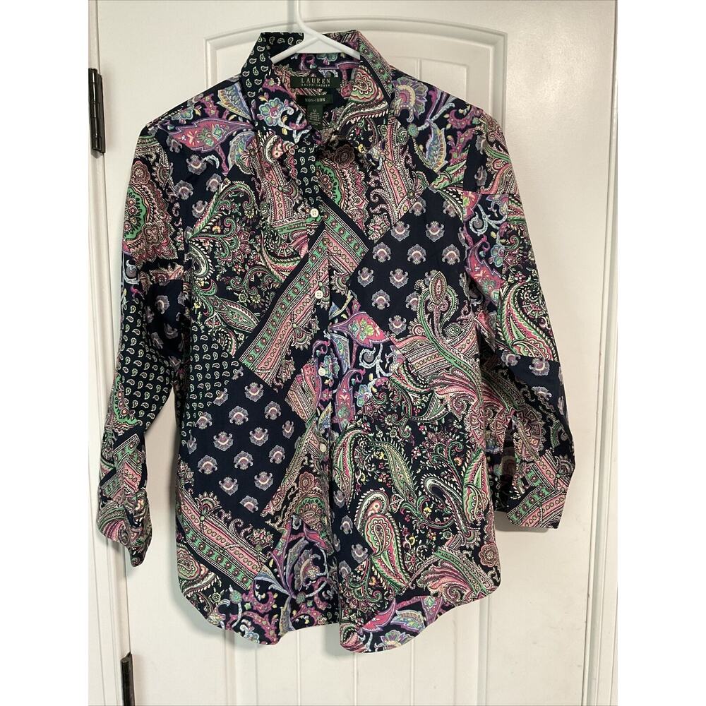 LAUREN‎ RALPH LAUREN Womens Medium Paisley Patchwork Button Up Non-Iron Shirt